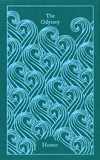 Penguin Classics cover of The Odyssey with blue wave patterns on the front.