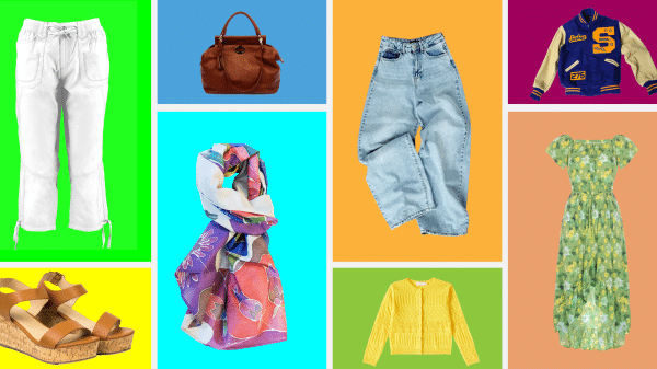 A collage of vintage clothes.