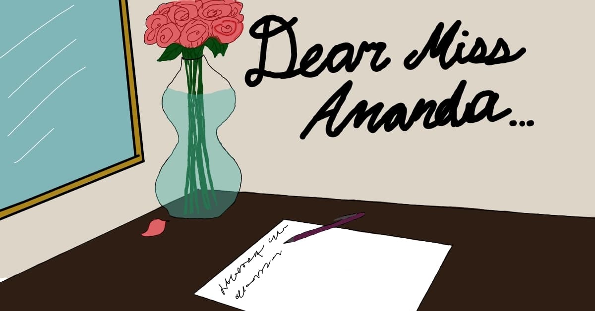 illustrated image of the title Dear Miss Amanda with a rose in a vase on a table with a piece of paper on it.