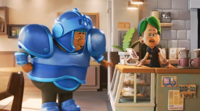 Frank from Pixar Win or Lose is shown talking to an ugly character that he has a crush on.