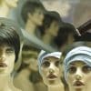A collage of photos of mannequins with short hair styles, with fun details and styling tools in the background.
