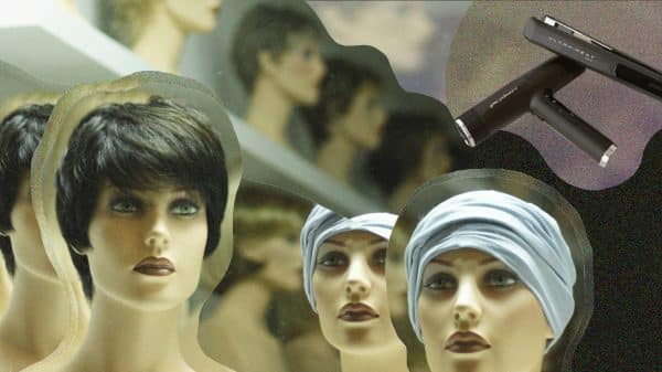 A collage of photos of mannequins with short hair styles, with fun details and styling tools in the background.