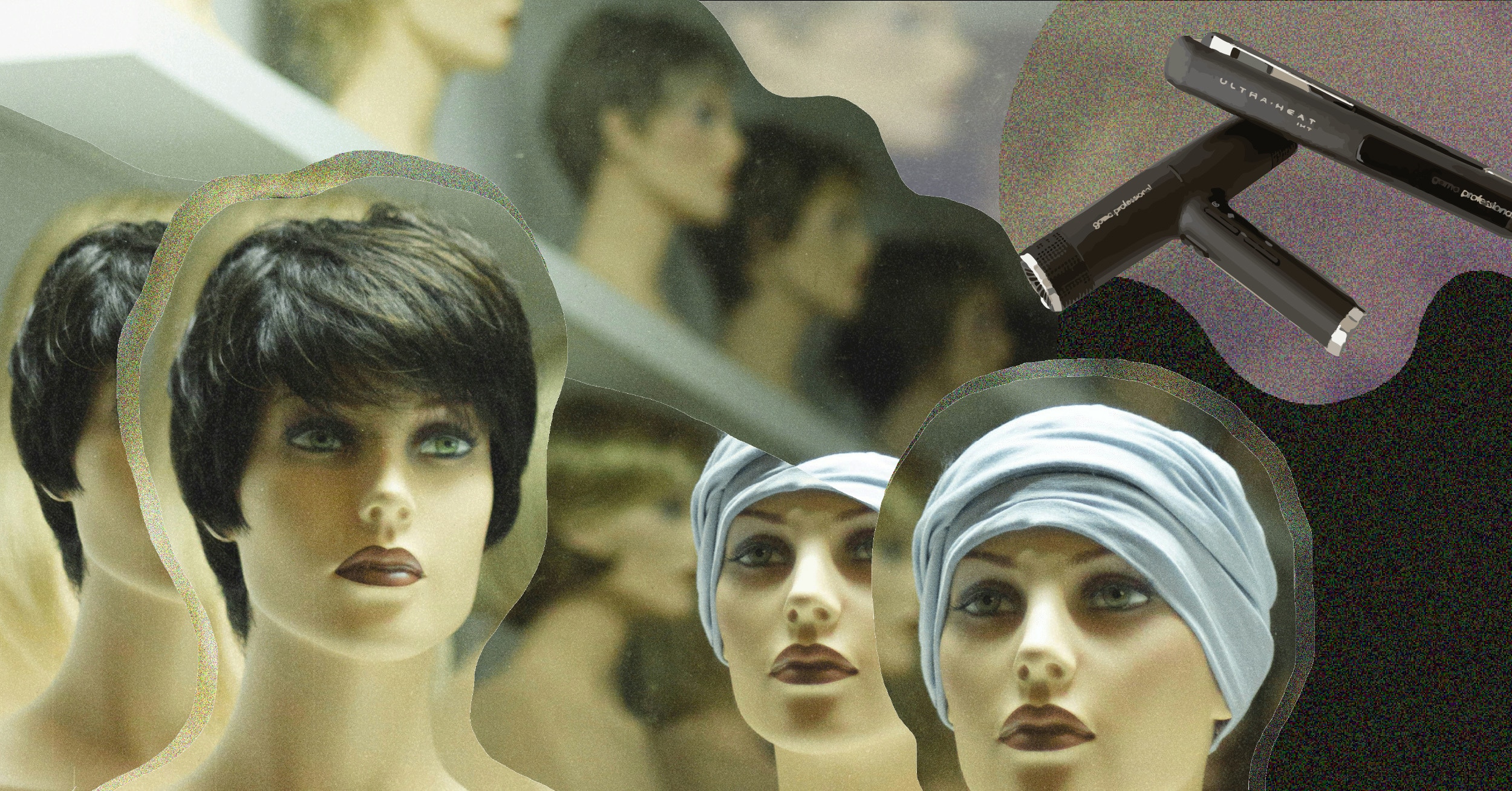 A collage of photos of mannequins with short hair styles, with fun details and styling tools in the background.