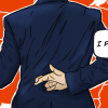 A back facing Trump with his finger crossed saying "I Promise" to the whole United States.
