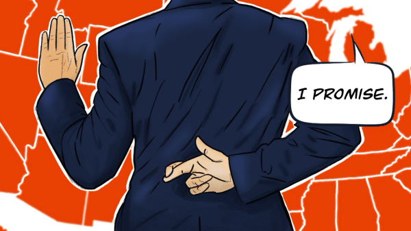 A back facing Trump with his finger crossed saying "I Promise" to the whole United States.