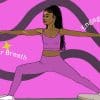 An image of a young woman doing pilates, outfitted in a cute, matching pink workout set. The motivational phrases "Focus on your breath" and "engage your core" float by in waves across the image.