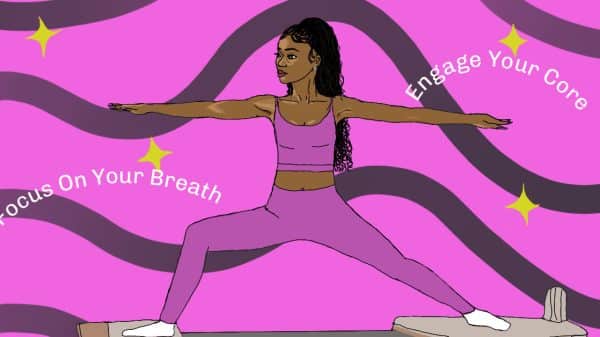 An image of a young woman doing pilates, outfitted in a cute, matching pink workout set. The motivational phrases "Focus on your breath" and "engage your core" float by in waves across the image.
