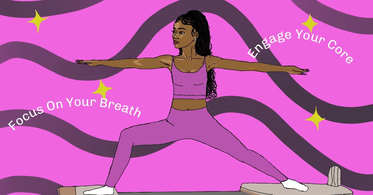 An image of a young woman doing pilates, outfitted in a cute, matching pink workout set. The motivational phrases "Focus on your breath" and "engage your core" float by in waves across the image.
