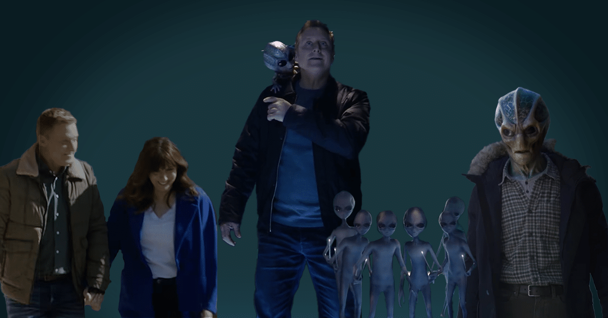 A few various images of characters from Resident Alien, mostly Alan Tudyk's character, Harry.