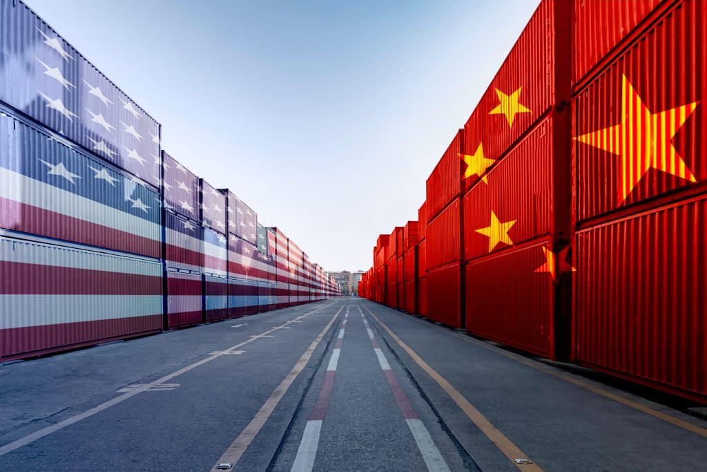 shipping containers with the U.S. flag face off against shipping containers with the Chinese flag