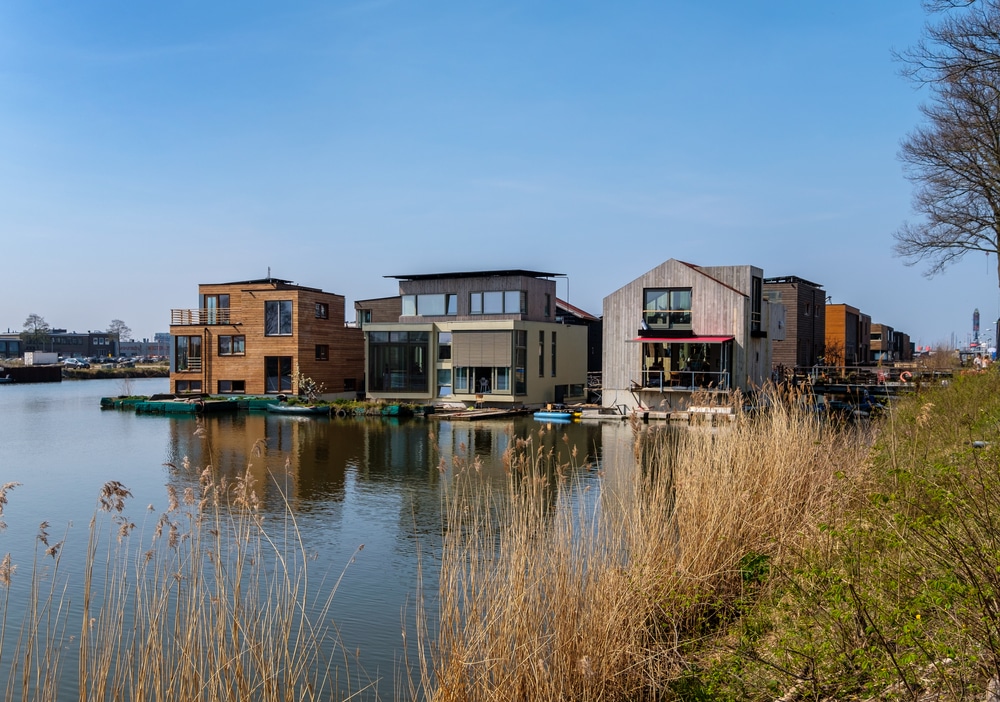 The floating Schoonschip neighborhood in Amsterdam, The Netherlands.