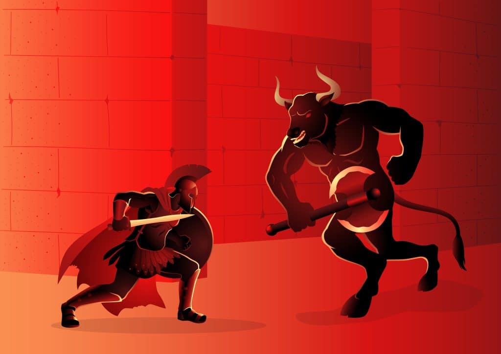 Theseus fighting the Minotaur in the Labyrinth