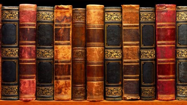 Old, classic books on a shelf.