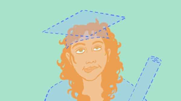 A feminine person with an outline of a graduation cap on their head. They're holding an invisible diploma and wearing an invisible gown.