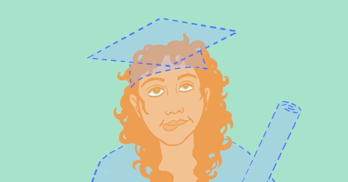A feminine person with an outline of a graduation cap on their head. They're holding an invisible diploma and wearing an invisible gown.