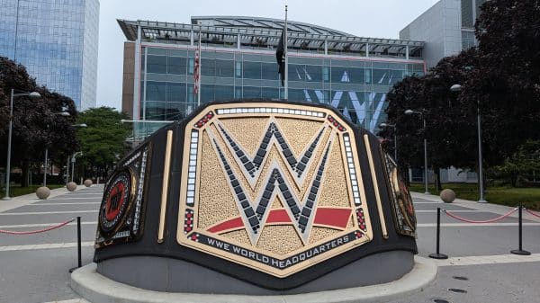 Life sized WWE title in front of headquarters in Stamford, Connecticut