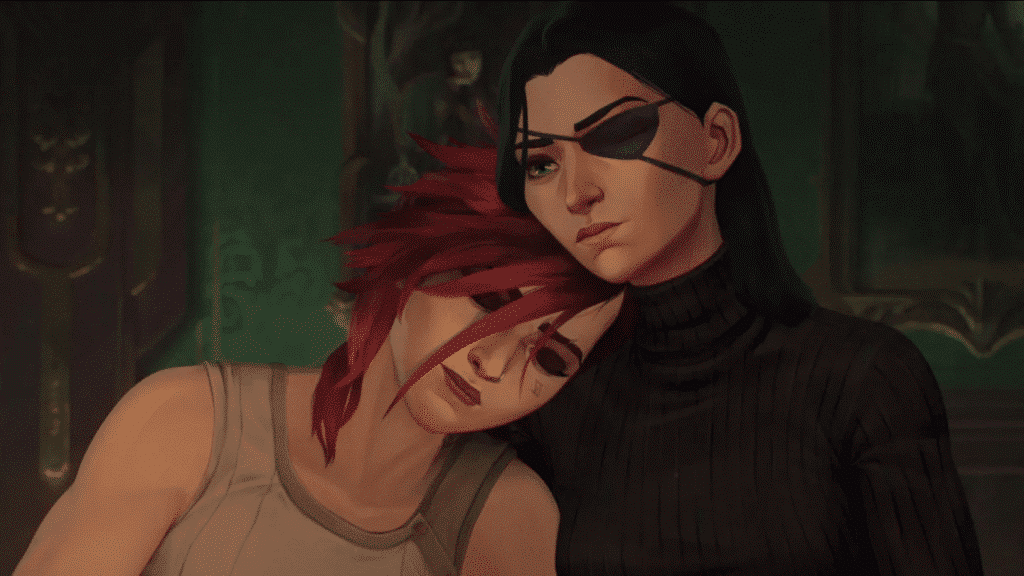 LGBQT+ Arcane characters Caitlyn and Violet lean against each other.