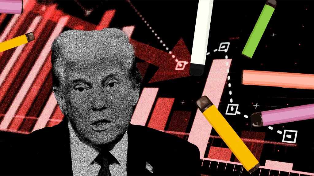 Black and white image of Donald Trump in front of an image depicting stocks decreasing and vape pens.