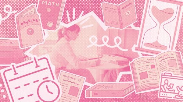 In the center, a woman is writing at a table. Around her is a collage of textbooks and time symbols (hour glass, calendar).