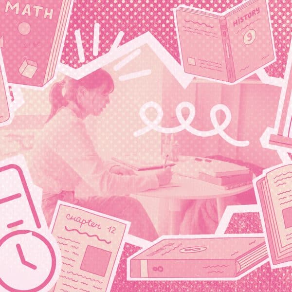 In the center, a woman is writing at a table. Around her is a collage of textbooks and time symbols (hour glass, calendar).
