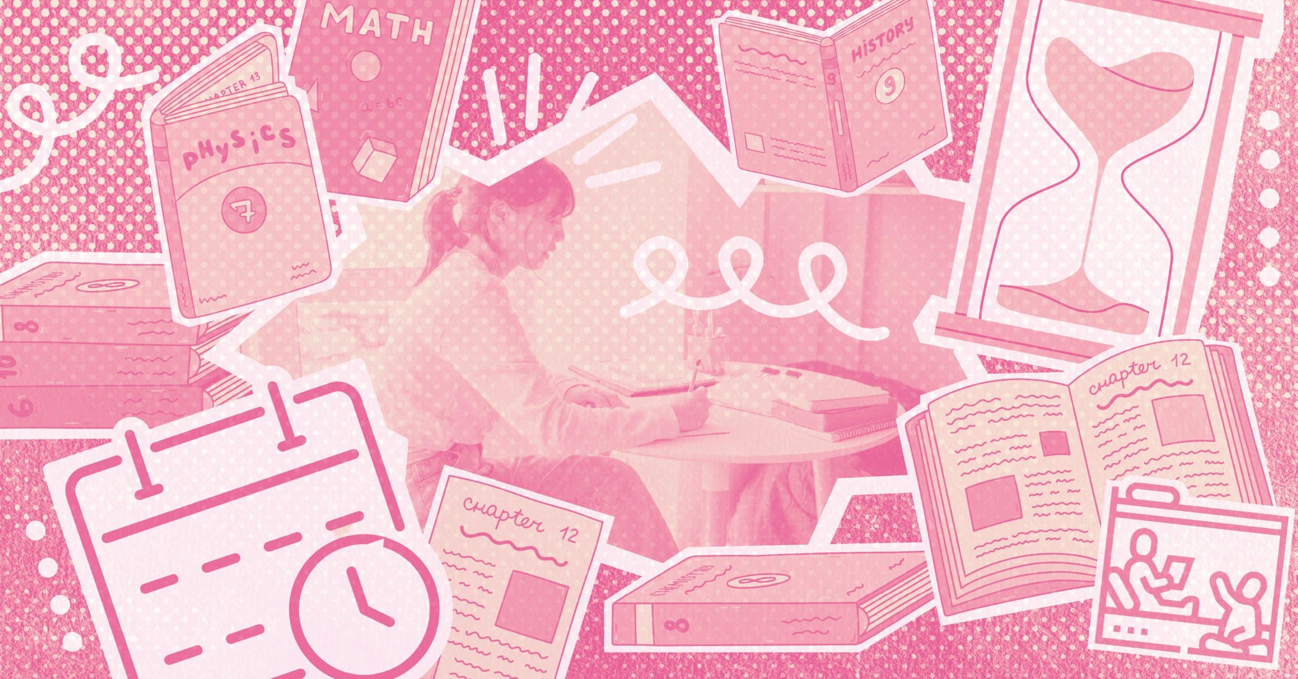 In the center, a woman is writing at a table. Around her is a collage of textbooks and time symbols (hour glass, calendar).