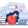 A woman suffering from burnout sits at her desk with her head in her hands, surrounded by a ticking clock with a low battery over her head