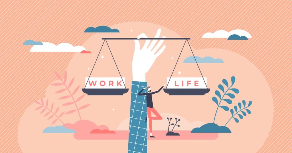 Clipart visual of a hand holding a scale, balancing the texts Work and Life