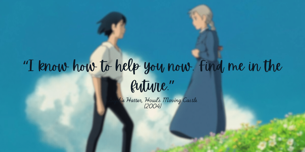 Characters from movie staring at each other. Quote from movie "I know how to help you. now. Find me in the future."