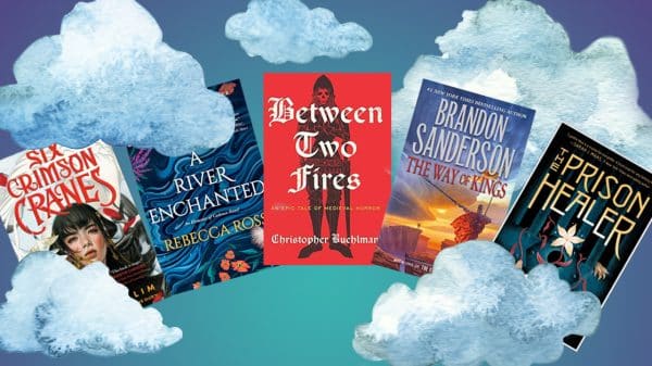 Five fantasy books in a landscape of clouds.