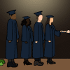 Students graduating and held back by a ball and chain of student debt.