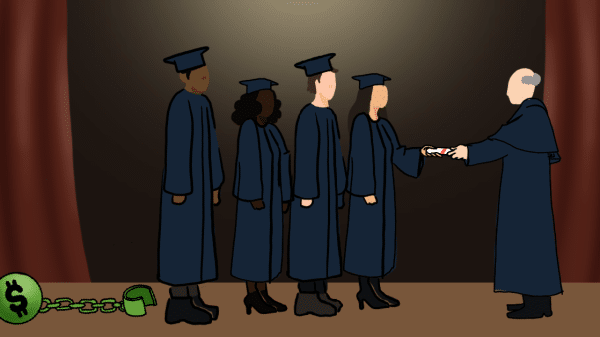 Students graduating and held back by a ball and chain of student debt.