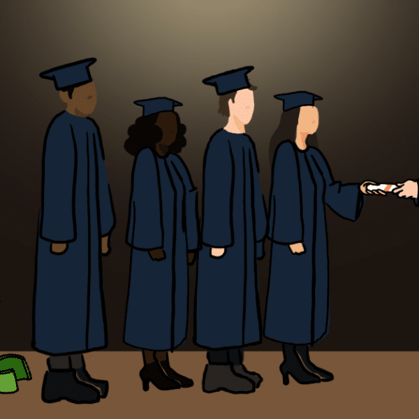 Students graduating and held back by a ball and chain of student debt.