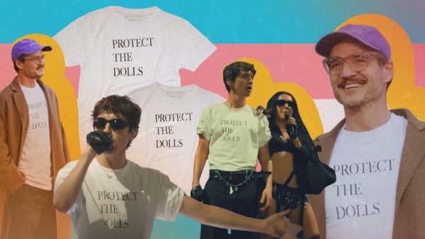 Celebrities Troye Sivan and Pedro Pascal wearing the trending "Protect the Dolls" T-shirt.