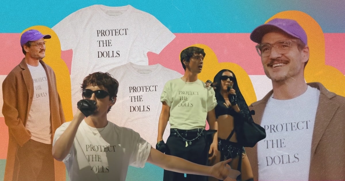 Celebrities Troye Sivan and Pedro Pascal wearing the trending "Protect the Dolls" T-shirt.