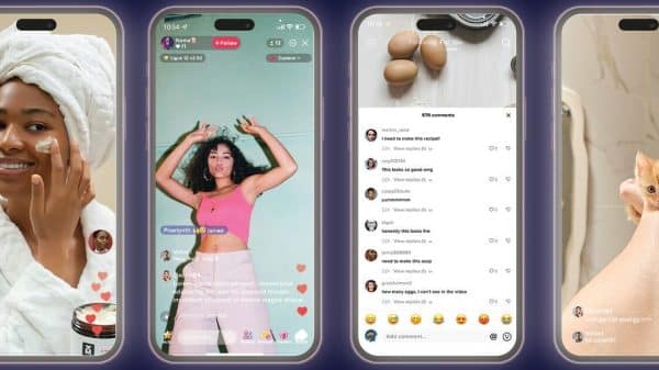 Four phones displaying social media platforms that offer short form content
