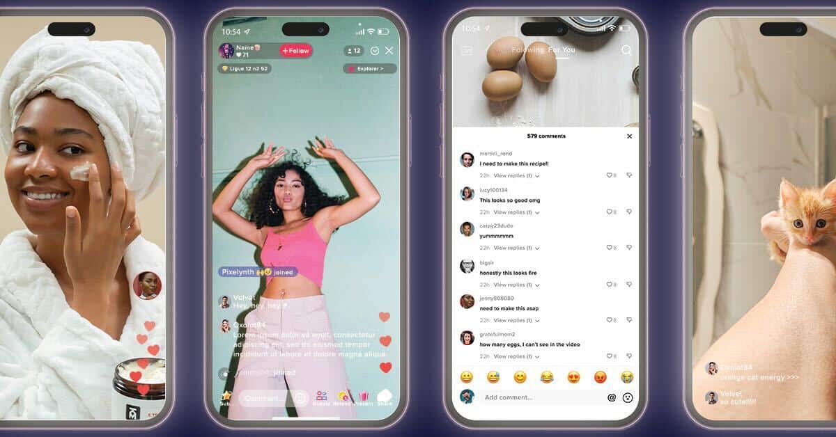 Four phones displaying social media platforms that offer short form content