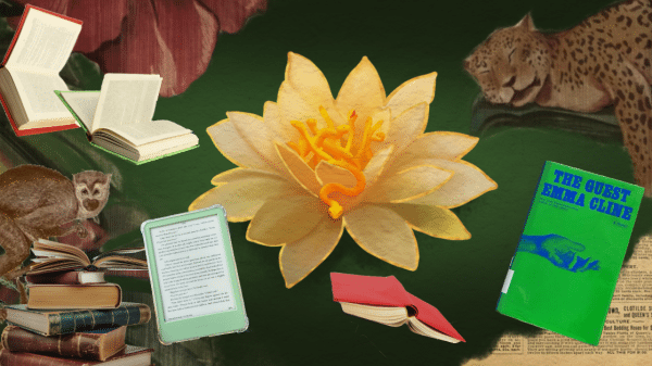 Feature Image. The White Lotus inspired backdrop with lotus icon and literary imagery, features The Guest by Emma Cline, a book recommendation.