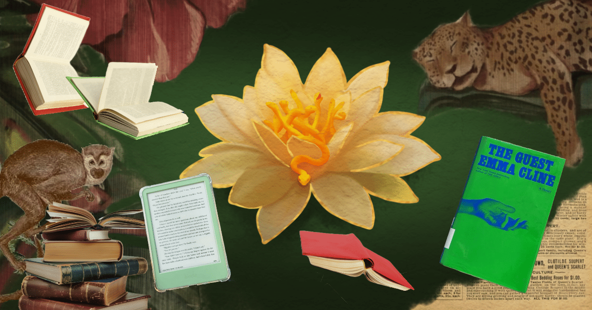 Feature Image. The White Lotus inspired backdrop with lotus icon and literary imagery, features The Guest by Emma Cline, a book recommendation.