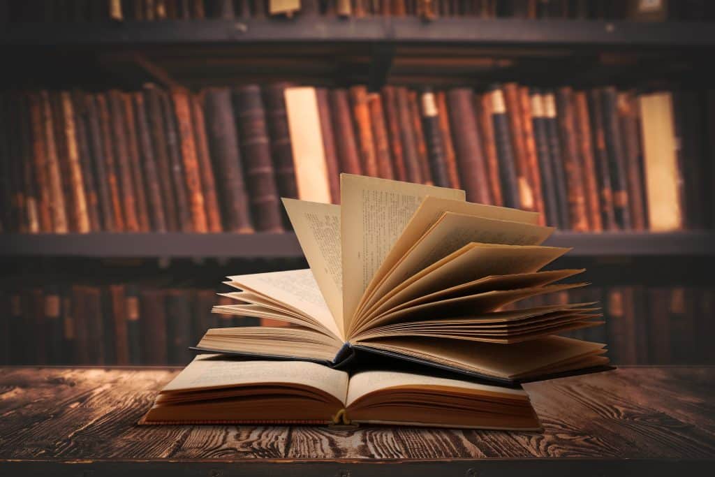 An open book placed in front of a cozy bookshelf with warm tones, creating a comfortable, inviting reading space