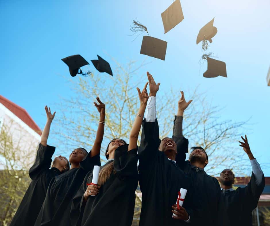 Group of college students throwing their caps up in the air, ready to start the next chapter in their life