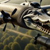 Bomber jet with crocodile head flying over a forest