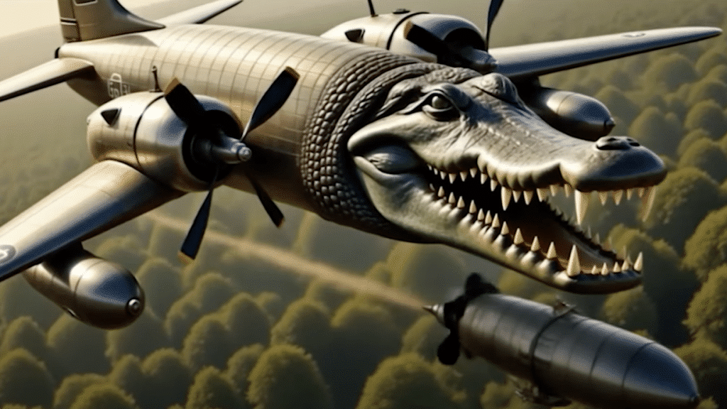 Bomber jet with crocodile head flying over a forest