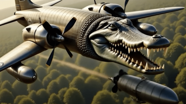Bomber jet with crocodile head flying over a forest