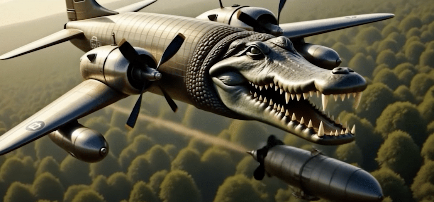 Bomber jet with crocodile head flying over a forest