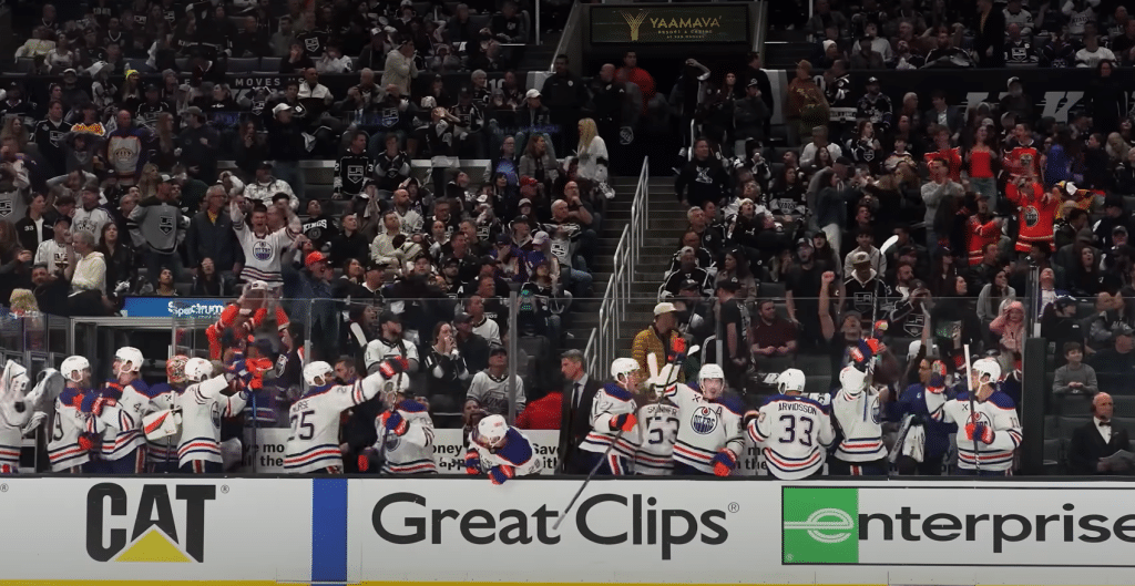 The Oilers celebrating a goal in the NHL Playoffs