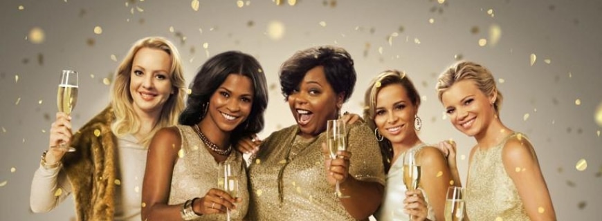 The five stars of The Single Moms Club wearing gold clothes.