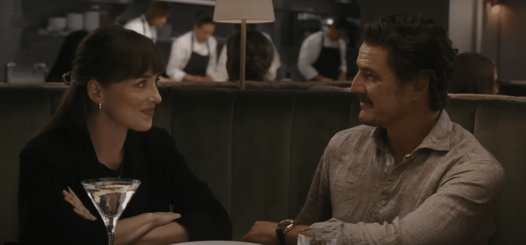 Dakota Johnson as Lucy and Pedro Pascal as Henry in "The Materialists." (Image: YouTube/A24).