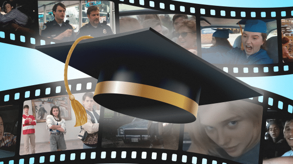 An animated graduation cap hovers in front of film reels featuring clips from 10 coming-of-age movies.