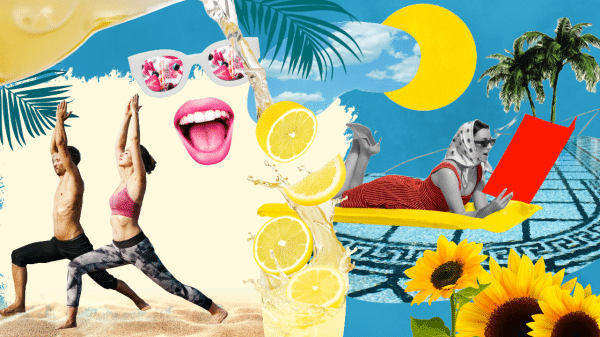 Image shows a collage-style summer scene. Included in scene are people doing yoga poses, sunflowers, palm trees, lemons, as well as consistent blue and yellow colors.