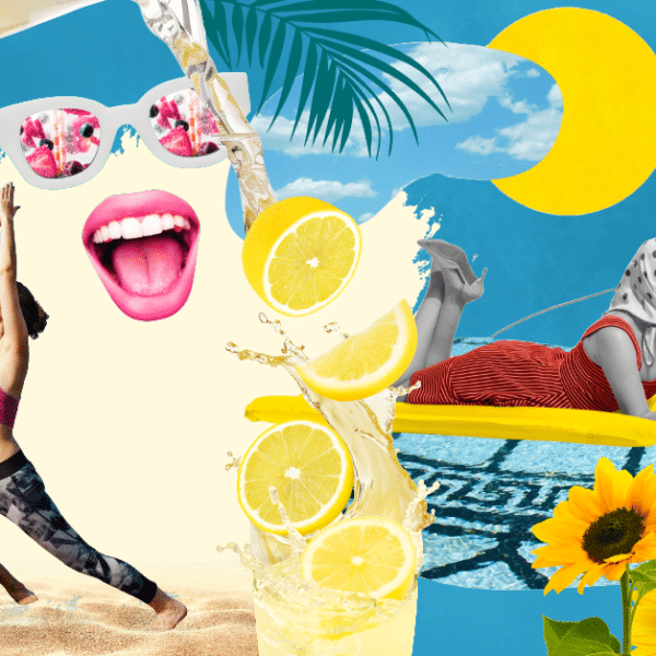 Image shows a collage-style summer scene. Included in scene are people doing yoga poses, sunflowers, palm trees, lemons, as well as consistent blue and yellow colors.